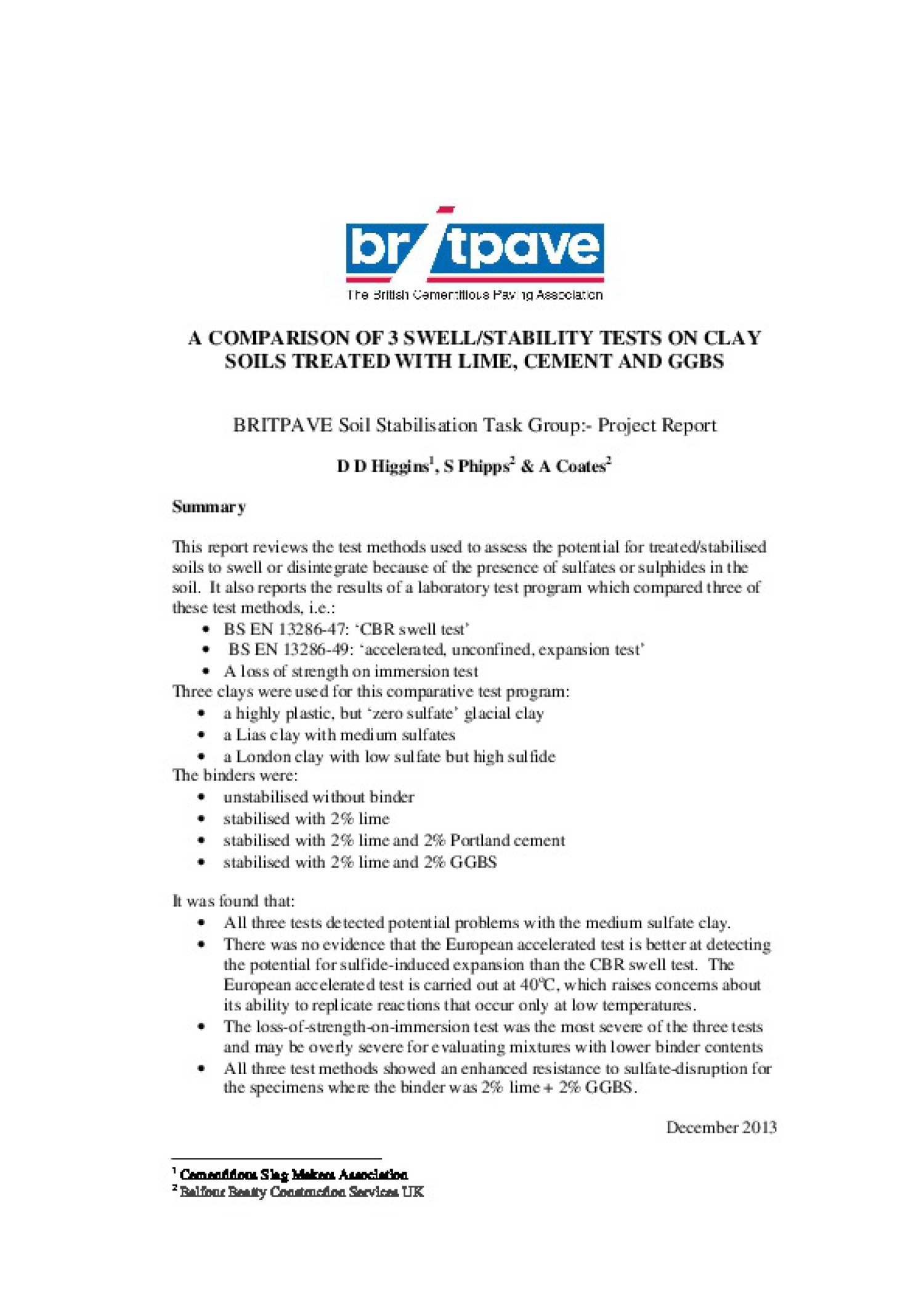 Picture of Comparison of 3 Swell/Stability Tests on Clay Soils Treated with Lime, Cement and GGBS - released December 2013